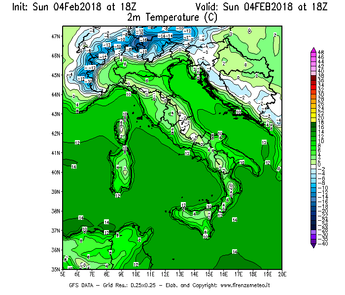 Mappa di analisi GFS - Temperatura a 2 metri dal suolo [°C] in Italia
							del 04/02/2018 18 <!--googleoff: index-->UTC<!--googleon: index-->