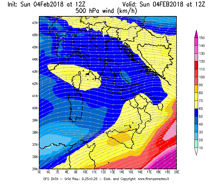 Mappa di analisi GFS - Velocità del vento a 500 hPa [km/h] in Italia
							del 04/02/2018 12 <!--googleoff: index-->UTC<!--googleon: index-->