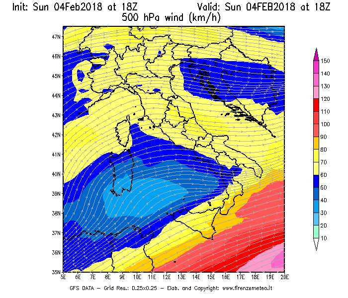 Mappa di analisi GFS - Velocità del vento a 500 hPa [km/h] in Italia
							del 04/02/2018 18 <!--googleoff: index-->UTC<!--googleon: index-->