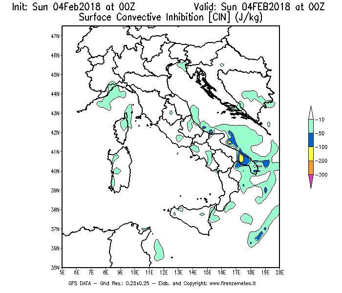 Mappa di analisi GFS - CIN [J/kg] in Italia
							del 04/02/2018 00 <!--googleoff: index-->UTC<!--googleon: index-->