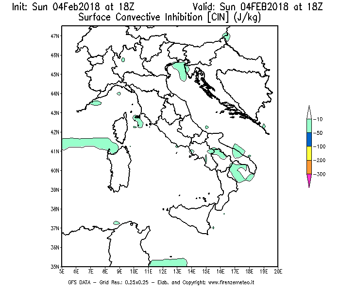 Mappa di analisi GFS - CIN [J/kg] in Italia
							del 04/02/2018 18 <!--googleoff: index-->UTC<!--googleon: index-->