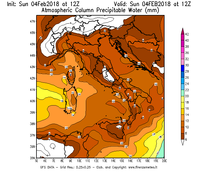 Mappa di analisi GFS - Precipitable Water [mm] in Italia
							del 04/02/2018 12 <!--googleoff: index-->UTC<!--googleon: index-->