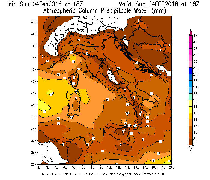 Mappa di analisi GFS - Precipitable Water [mm] in Italia
							del 04/02/2018 18 <!--googleoff: index-->UTC<!--googleon: index-->
