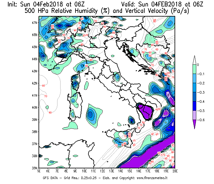 Mappa di analisi GFS - Umidità relativa [%] e Omega [Pa/s] a 500 hPa in Italia
							del 04/02/2018 06 <!--googleoff: index-->UTC<!--googleon: index-->