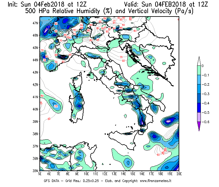 Mappa di analisi GFS - Umidità relativa [%] e Omega [Pa/s] a 500 hPa in Italia
							del 04/02/2018 12 <!--googleoff: index-->UTC<!--googleon: index-->