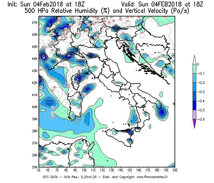 Mappa di analisi GFS - Umidità relativa [%] e Omega [Pa/s] a 500 hPa in Italia
							del 04/02/2018 18 <!--googleoff: index-->UTC<!--googleon: index-->