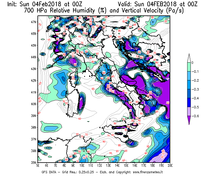 Mappa di analisi GFS - Umidità relativa [%] e Omega [Pa/s] a 700 hPa in Italia
							del 04/02/2018 00 <!--googleoff: index-->UTC<!--googleon: index-->