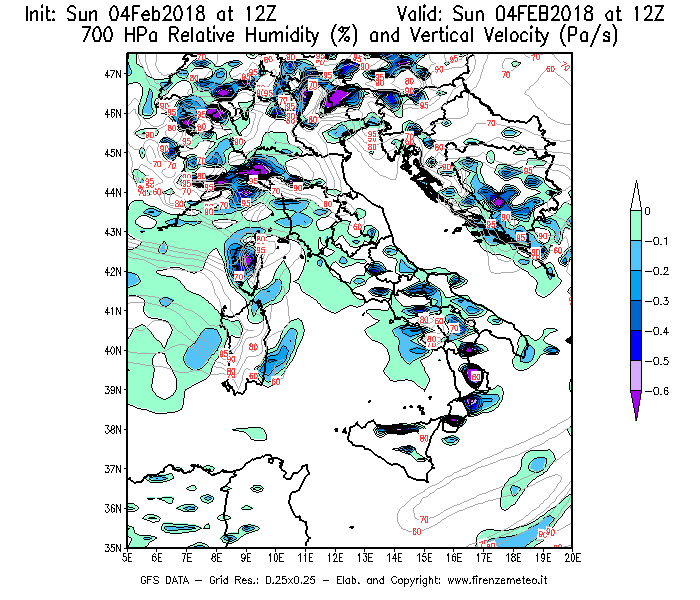 Mappa di analisi GFS - Umidità relativa [%] e Omega [Pa/s] a 700 hPa in Italia
							del 04/02/2018 12 <!--googleoff: index-->UTC<!--googleon: index-->