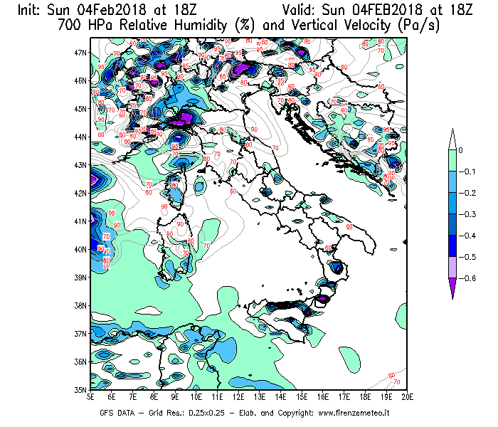 Mappa di analisi GFS - Umidità relativa [%] e Omega [Pa/s] a 700 hPa in Italia
							del 04/02/2018 18 <!--googleoff: index-->UTC<!--googleon: index-->