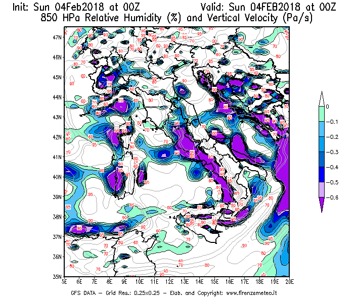 Mappa di analisi GFS - Umidità relativa [%] e Omega [Pa/s] a 850 hPa in Italia
							del 04/02/2018 00 <!--googleoff: index-->UTC<!--googleon: index-->
