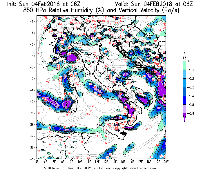 Mappa di analisi GFS - Umidità relativa [%] e Omega [Pa/s] a 850 hPa in Italia
							del 04/02/2018 06 <!--googleoff: index-->UTC<!--googleon: index-->
