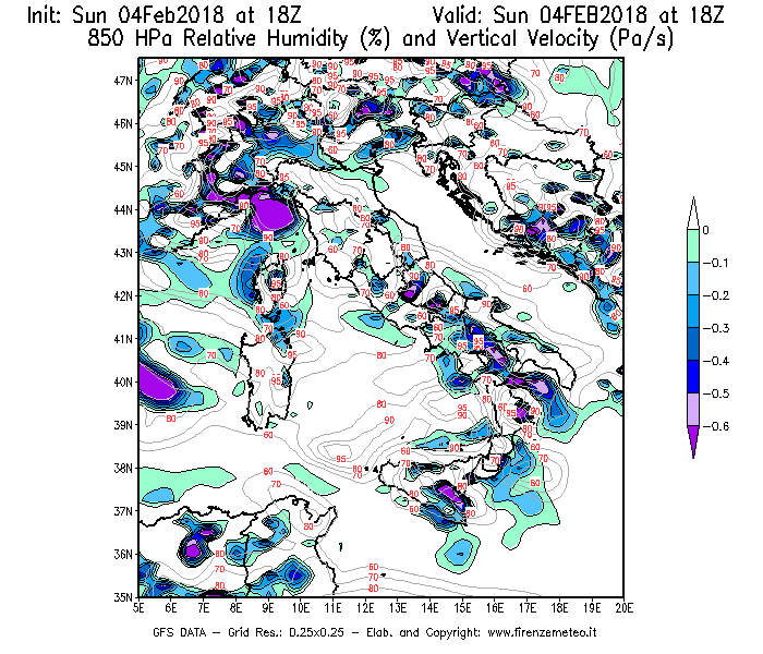 Mappa di analisi GFS - Umidità relativa [%] e Omega [Pa/s] a 850 hPa in Italia
							del 04/02/2018 18 <!--googleoff: index-->UTC<!--googleon: index-->