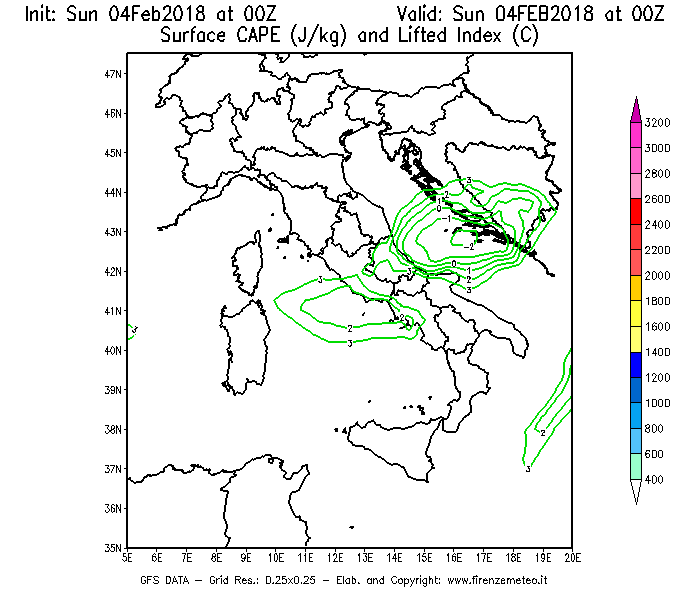 Mappa di analisi GFS - CAPE [J/kg] e Lifted Index [°C] in Italia
							del 04/02/2018 00 <!--googleoff: index-->UTC<!--googleon: index-->