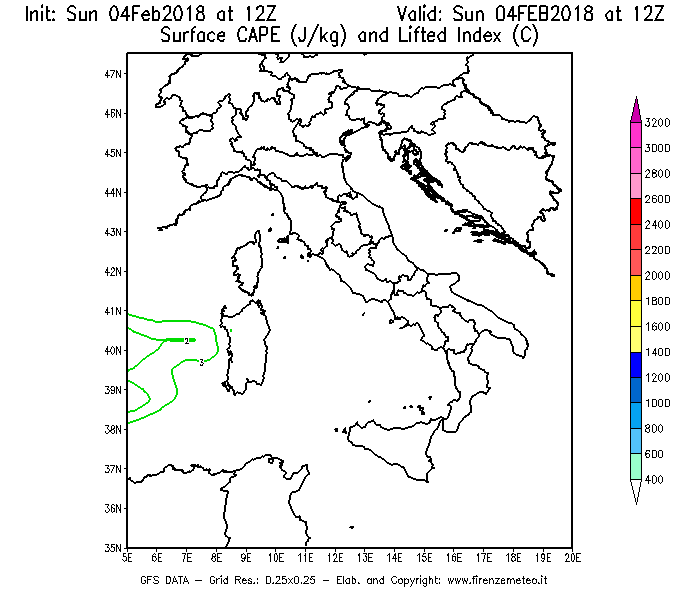 Mappa di analisi GFS - CAPE [J/kg] e Lifted Index [°C] in Italia
							del 04/02/2018 12 <!--googleoff: index-->UTC<!--googleon: index-->