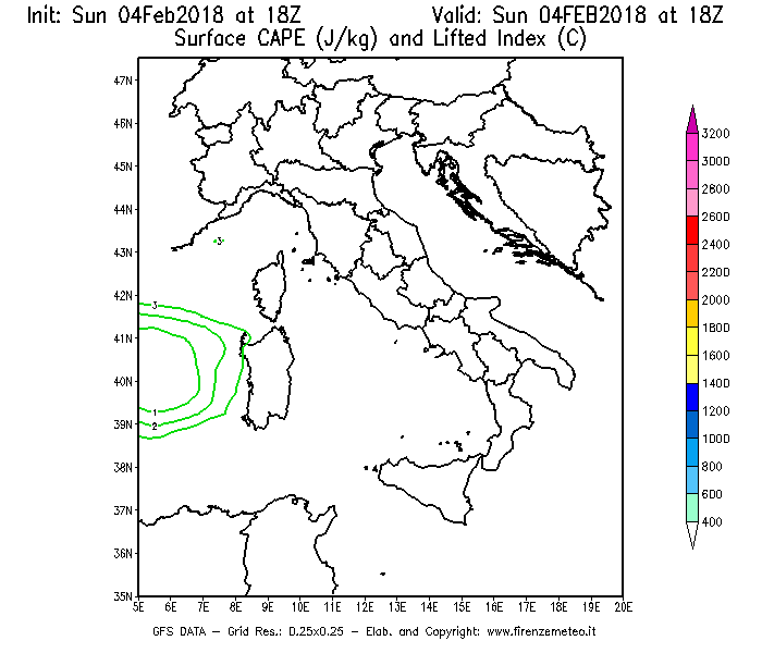 Mappa di analisi GFS - CAPE [J/kg] e Lifted Index [°C] in Italia
							del 04/02/2018 18 <!--googleoff: index-->UTC<!--googleon: index-->