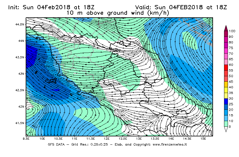 Mappa di analisi GFS - Velocità del vento a 10 metri dal suolo [km/h] in Centro-Italia
							del 04/02/2018 18 <!--googleoff: index-->UTC<!--googleon: index-->