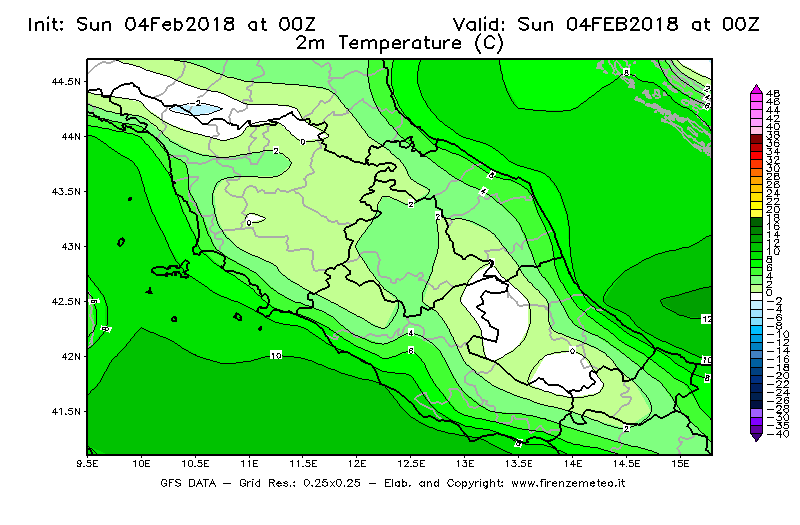Mappa di analisi GFS - Temperatura a 2 metri dal suolo [°C] in Centro-Italia
							del 04/02/2018 00 <!--googleoff: index-->UTC<!--googleon: index-->