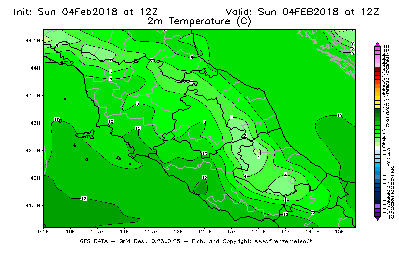 Mappa di analisi GFS - Temperatura a 2 metri dal suolo [°C] in Centro-Italia
							del 04/02/2018 12 <!--googleoff: index-->UTC<!--googleon: index-->