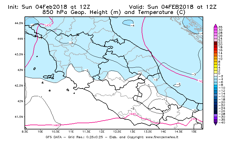 Mappa di analisi GFS - Geopotenziale [m] e Temperatura [°C] a 850 hPa in Centro-Italia
							del 04/02/2018 12 <!--googleoff: index-->UTC<!--googleon: index-->