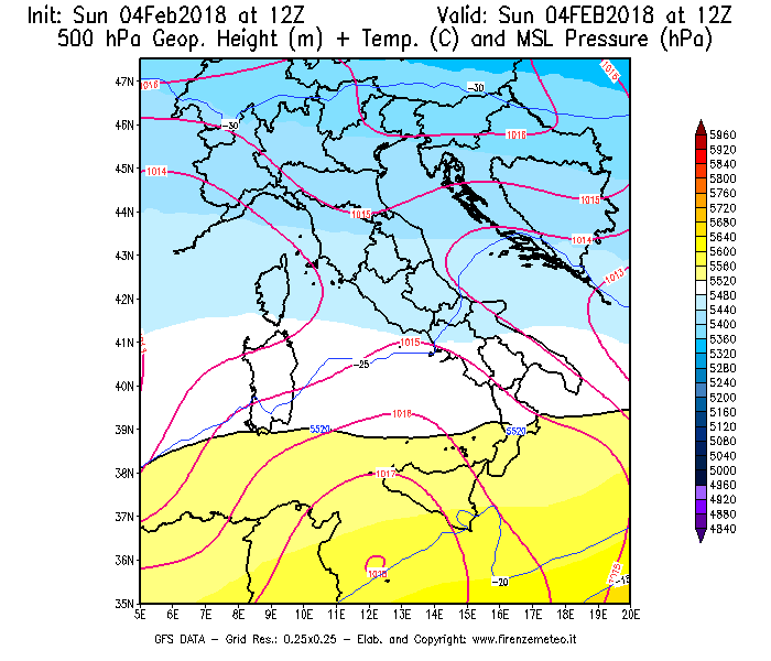 Mappa di analisi GFS - Geopotenziale [m] + Temp. [°C] a 500 hPa + Press. a livello del mare [hPa] in Italia
							del 04/02/2018 12 <!--googleoff: index-->UTC<!--googleon: index-->
