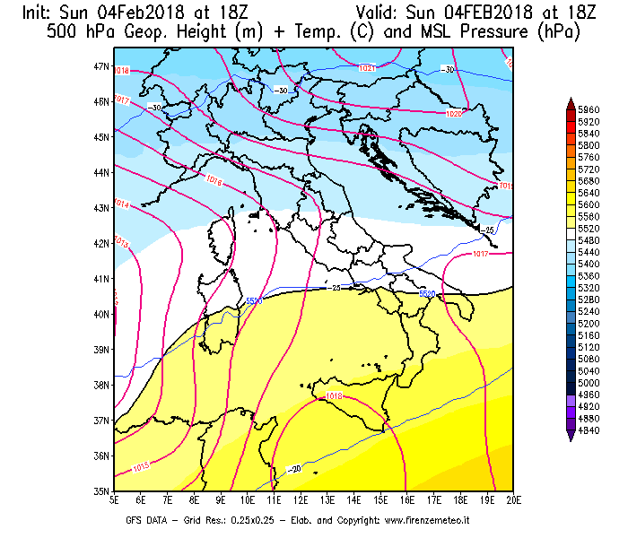 Mappa di analisi GFS - Geopotenziale [m] + Temp. [°C] a 500 hPa + Press. a livello del mare [hPa] in Italia
							del 04/02/2018 18 <!--googleoff: index-->UTC<!--googleon: index-->