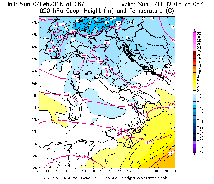 Mappa di analisi GFS - Geopotenziale [m] e Temperatura [°C] a 850 hPa in Italia
							del 04/02/2018 06 <!--googleoff: index-->UTC<!--googleon: index-->