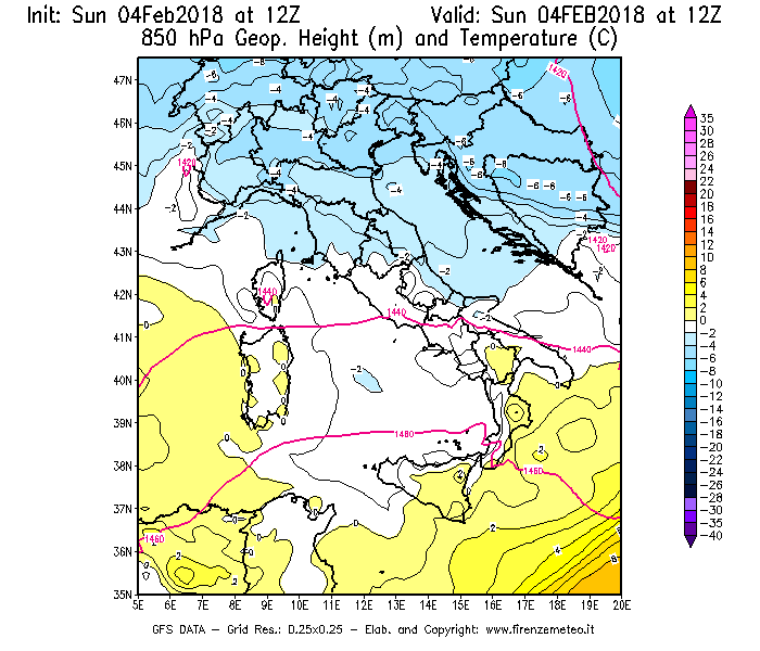 Mappa di analisi GFS - Geopotenziale [m] e Temperatura [°C] a 850 hPa in Italia
							del 04/02/2018 12 <!--googleoff: index-->UTC<!--googleon: index-->