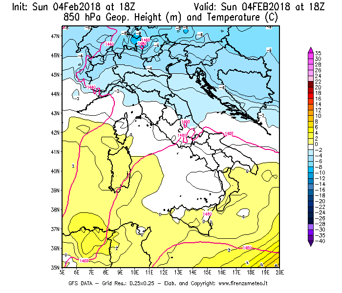 Mappa di analisi GFS - Geopotenziale [m] e Temperatura [°C] a 850 hPa in Italia
							del 04/02/2018 18 <!--googleoff: index-->UTC<!--googleon: index-->