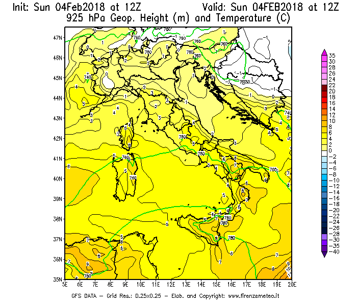 Mappa di analisi GFS - Geopotenziale [m] e Temperatura [°C] a 925 hPa in Italia
							del 04/02/2018 12 <!--googleoff: index-->UTC<!--googleon: index-->
