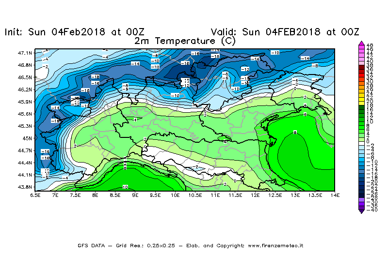 Mappa di analisi GFS - Temperatura a 2 metri dal suolo [°C] in Nord-Italia
							del 04/02/2018 00 <!--googleoff: index-->UTC<!--googleon: index-->