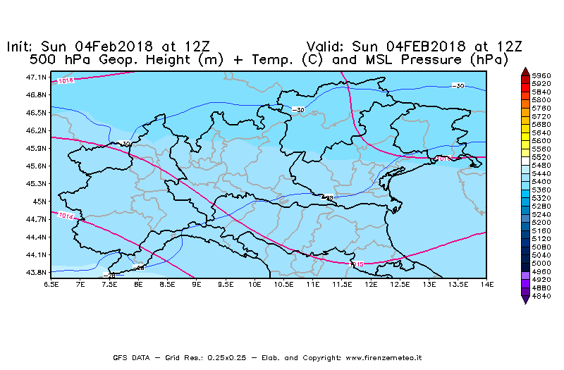 Mappa di analisi GFS - Geopotenziale [m] + Temp. [°C] a 500 hPa + Press. a livello del mare [hPa] in Nord-Italia
							del 04/02/2018 12 <!--googleoff: index-->UTC<!--googleon: index-->