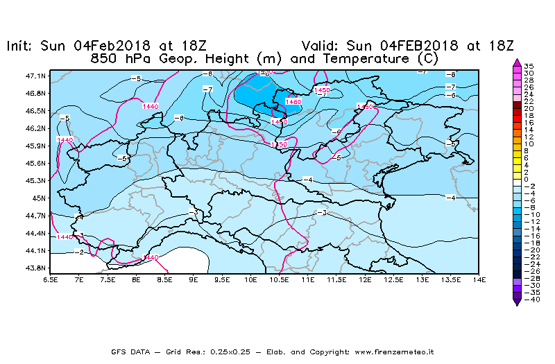 Mappa di analisi GFS - Geopotenziale [m] e Temperatura [°C] a 850 hPa in Nord-Italia
							del 04/02/2018 18 <!--googleoff: index-->UTC<!--googleon: index-->
