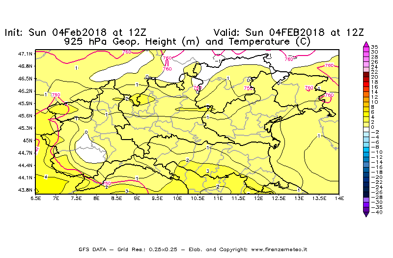 Mappa di analisi GFS - Geopotenziale [m] e Temperatura [°C] a 925 hPa in Nord-Italia
							del 04/02/2018 12 <!--googleoff: index-->UTC<!--googleon: index-->