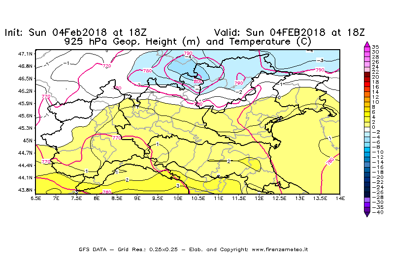 Mappa di analisi GFS - Geopotenziale [m] e Temperatura [°C] a 925 hPa in Nord-Italia
							del 04/02/2018 18 <!--googleoff: index-->UTC<!--googleon: index-->