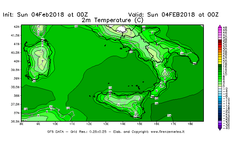 Mappa di analisi GFS - Temperatura a 2 metri dal suolo [°C] in Sud-Italia
							del 04/02/2018 00 <!--googleoff: index-->UTC<!--googleon: index-->