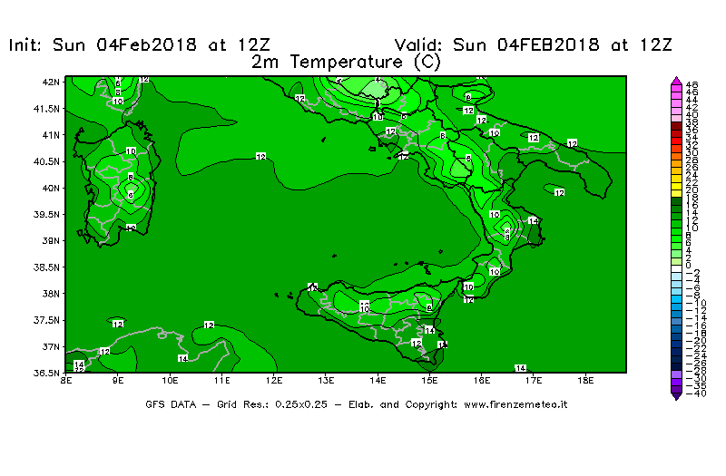 Mappa di analisi GFS - Temperatura a 2 metri dal suolo [°C] in Sud-Italia
							del 04/02/2018 12 <!--googleoff: index-->UTC<!--googleon: index-->