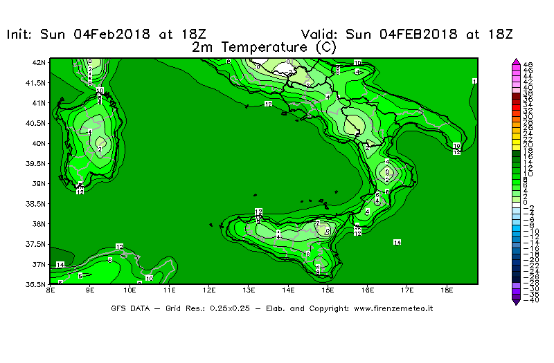 Mappa di analisi GFS - Temperatura a 2 metri dal suolo [°C] in Sud-Italia
							del 04/02/2018 18 <!--googleoff: index-->UTC<!--googleon: index-->