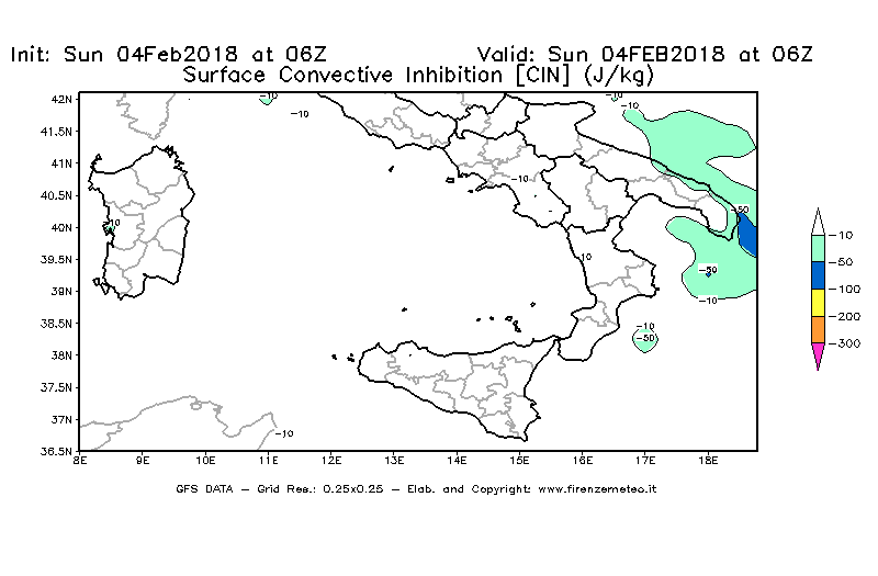 Mappa di analisi GFS - CIN [J/kg] in Sud-Italia
							del 04/02/2018 06 <!--googleoff: index-->UTC<!--googleon: index-->