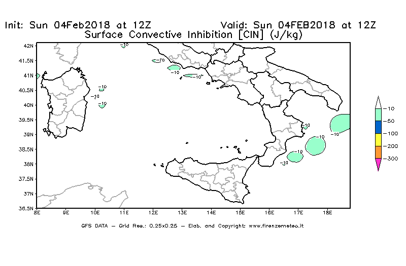 Mappa di analisi GFS - CIN [J/kg] in Sud-Italia
							del 04/02/2018 12 <!--googleoff: index-->UTC<!--googleon: index-->