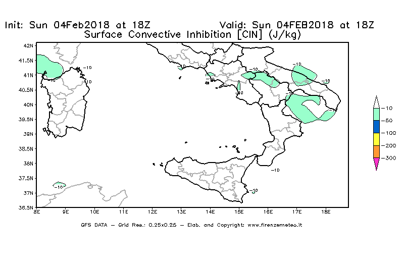 Mappa di analisi GFS - CIN [J/kg] in Sud-Italia
							del 04/02/2018 18 <!--googleoff: index-->UTC<!--googleon: index-->