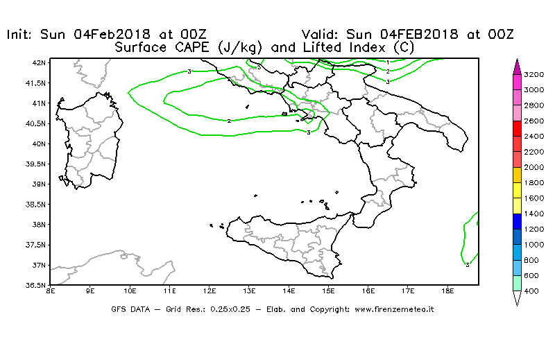 Mappa di analisi GFS - CAPE [J/kg] e Lifted Index [°C] in Sud-Italia
							del 04/02/2018 00 <!--googleoff: index-->UTC<!--googleon: index-->
