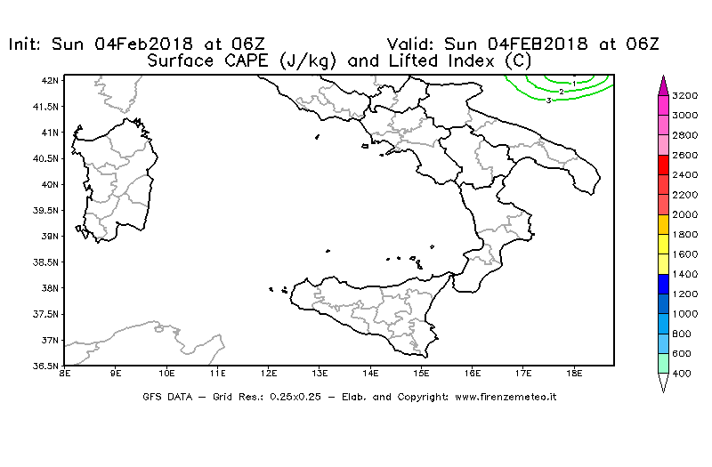 Mappa di analisi GFS - CAPE [J/kg] e Lifted Index [°C] in Sud-Italia
							del 04/02/2018 06 <!--googleoff: index-->UTC<!--googleon: index-->