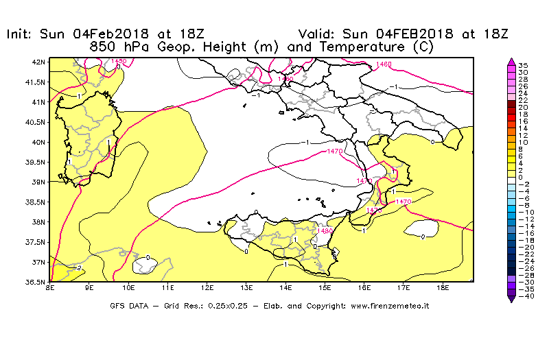 Mappa di analisi GFS - Geopotenziale [m] e Temperatura [°C] a 850 hPa in Sud-Italia
							del 04/02/2018 18 <!--googleoff: index-->UTC<!--googleon: index-->