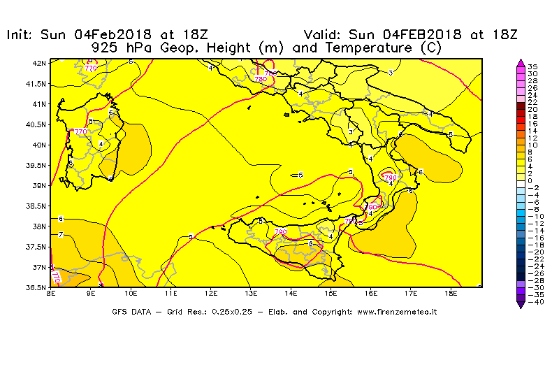 Mappa di analisi GFS - Geopotenziale [m] e Temperatura [°C] a 925 hPa in Sud-Italia
							del 04/02/2018 18 <!--googleoff: index-->UTC<!--googleon: index-->