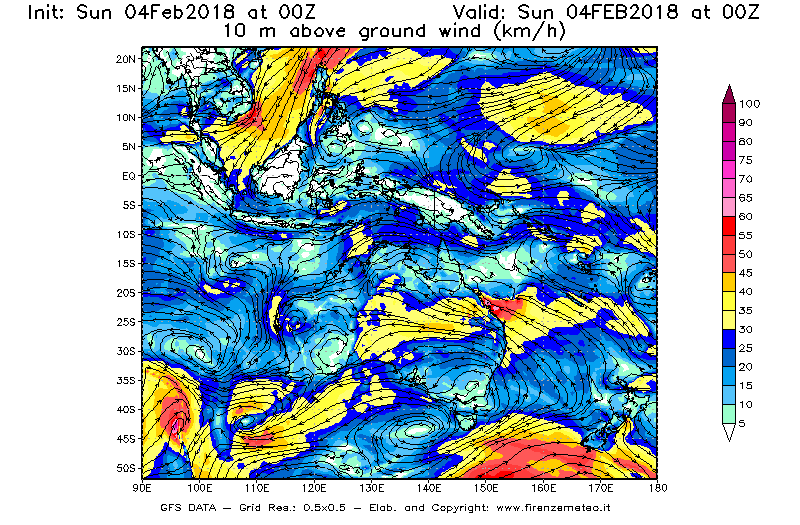 Mappa di analisi GFS - Velocità del vento a 10 metri dal suolo [km/h] in Oceania
							del 04/02/2018 00 <!--googleoff: index-->UTC<!--googleon: index-->
