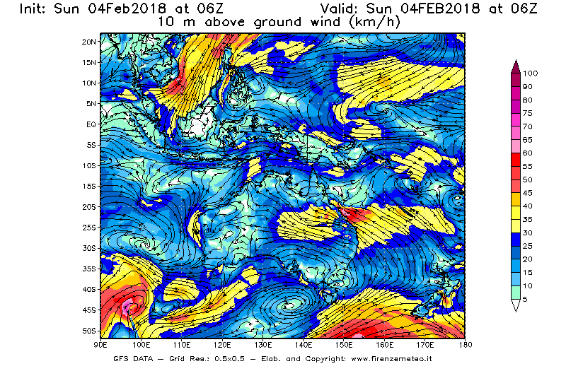 Mappa di analisi GFS - Velocità del vento a 10 metri dal suolo [km/h] in Oceania
							del 04/02/2018 06 <!--googleoff: index-->UTC<!--googleon: index-->