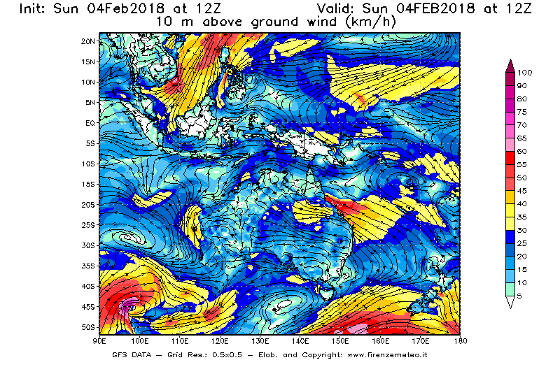 Mappa di analisi GFS - Velocità del vento a 10 metri dal suolo [km/h] in Oceania
							del 04/02/2018 12 <!--googleoff: index-->UTC<!--googleon: index-->