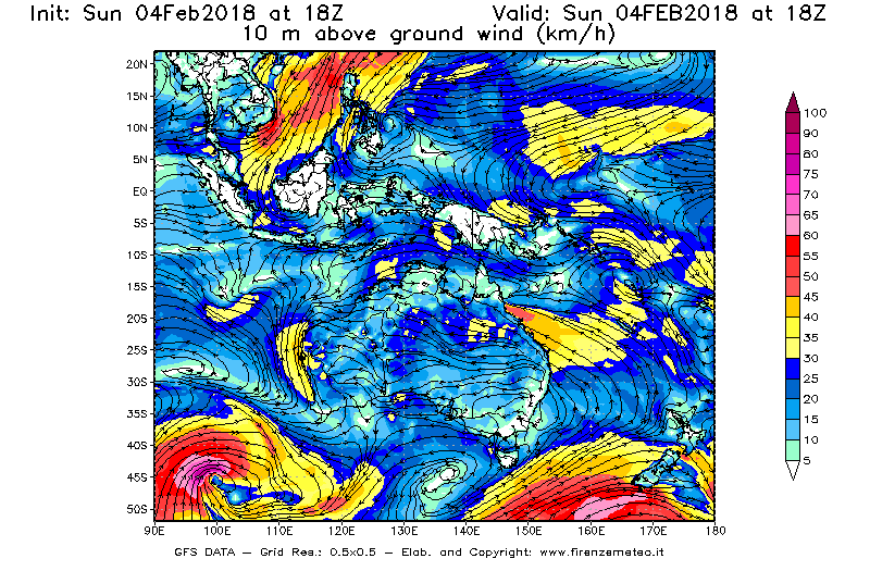 Mappa di analisi GFS - Velocità del vento a 10 metri dal suolo [km/h] in Oceania
							del 04/02/2018 18 <!--googleoff: index-->UTC<!--googleon: index-->