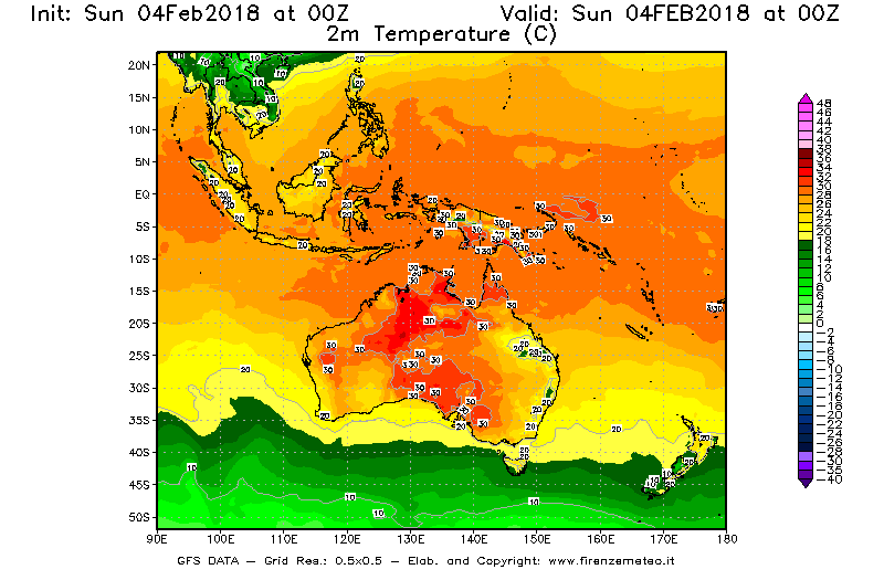 Mappa di analisi GFS - Temperatura a 2 metri dal suolo [°C] in Oceania
							del 04/02/2018 00 <!--googleoff: index-->UTC<!--googleon: index-->