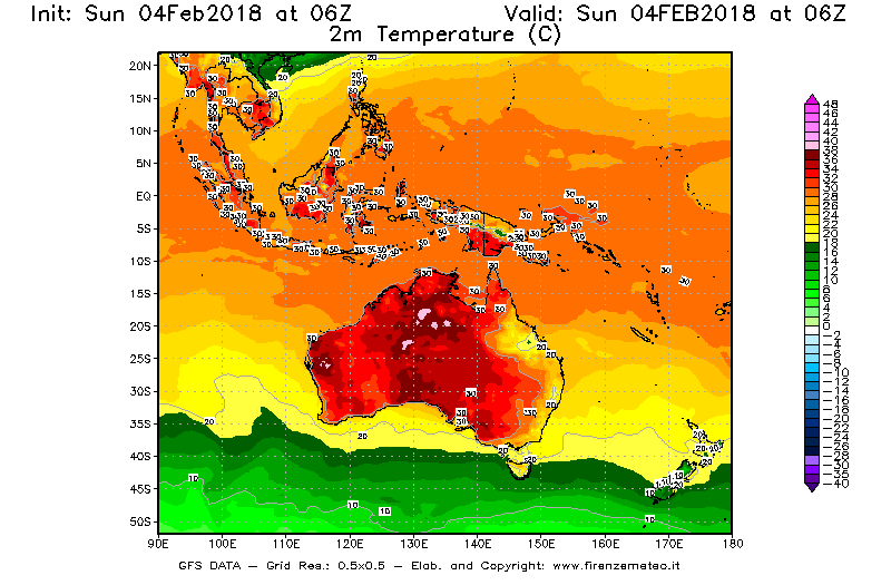 Mappa di analisi GFS - Temperatura a 2 metri dal suolo [°C] in Oceania
							del 04/02/2018 06 <!--googleoff: index-->UTC<!--googleon: index-->